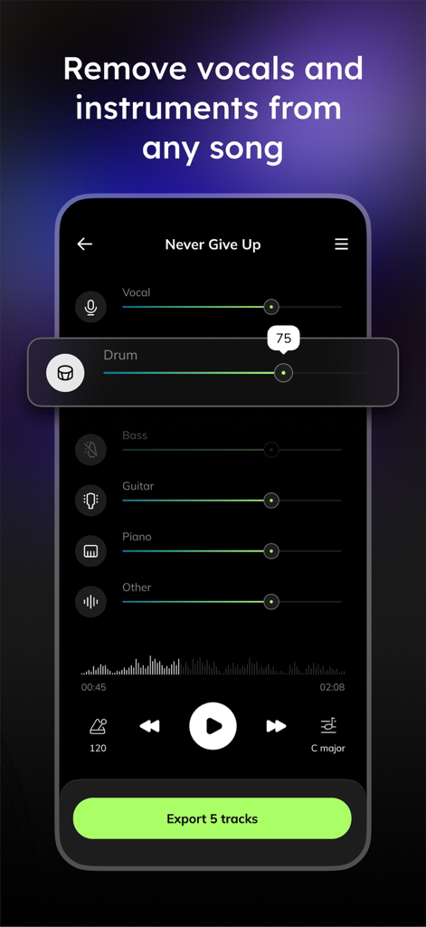 Vocal Remover - Musiclab - ボーカル、ドラム、ベース、ギター、ピアノの別トラックに分割された曲と、調整可能なボリュームスライダーを表示するモバイルアプリインターフェース。