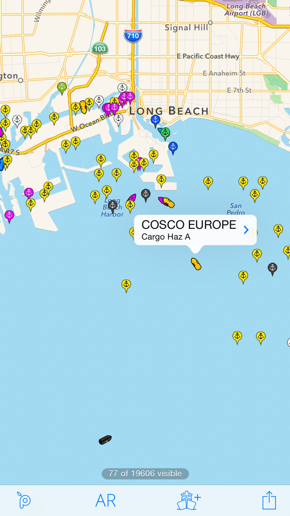 Real time ship tracking map of Long Beach harbor showing various vessels and cargo ship details