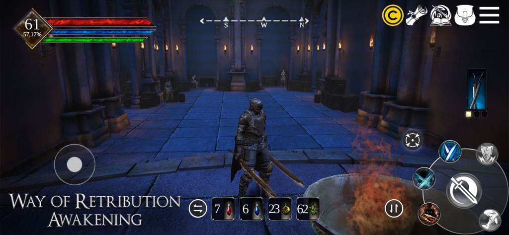 Way of Retribution: Awakening - Eine Figur in schwerer Rüstung steht in einem dunklen, steinernen Fantasy-Saal im Spiel Way of Retribution Awakening