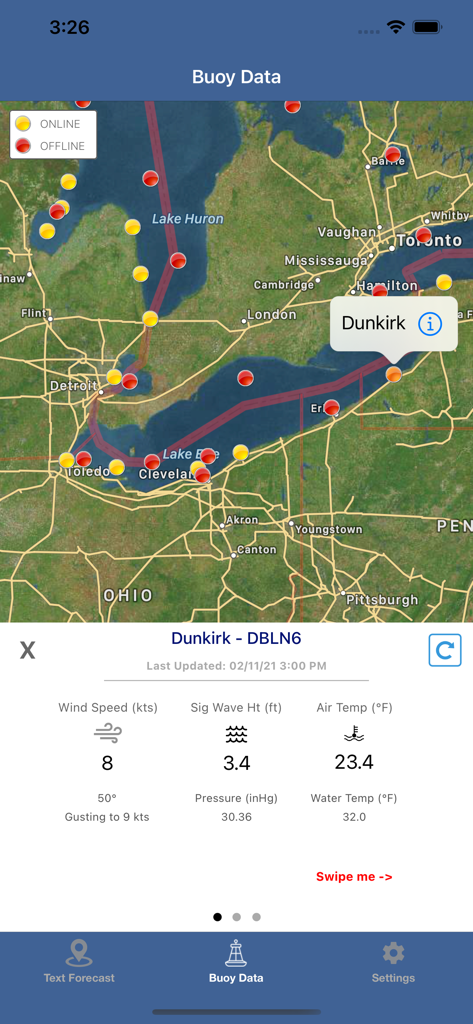 Map display of Lake Erie weather buoy locations with specific data for Dunkirk buoy