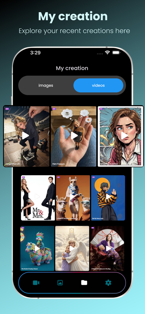 Bing video creator - User gallery displaying a grid of AI-generated viral video clips in the Bing video creator app.