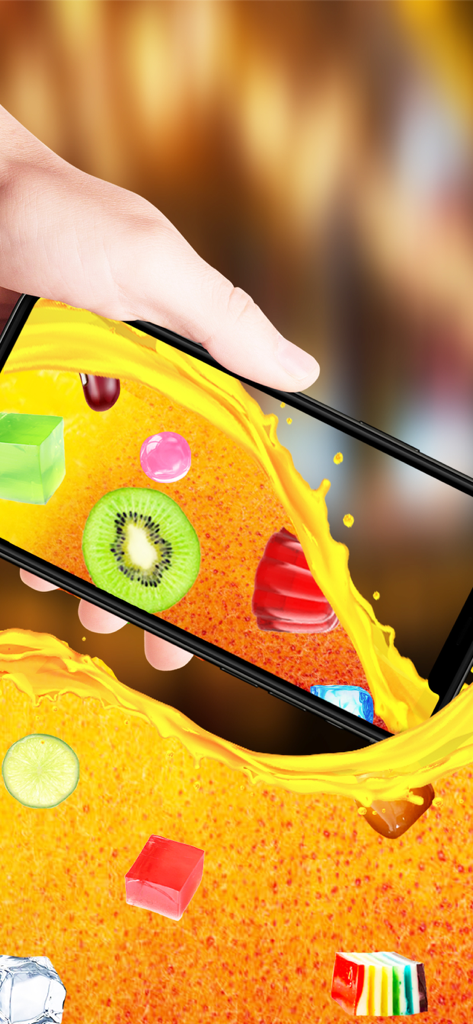 Uma mão segurando um smartphone exibindo uma bebida virtual colorida de boba com coberturas de kiwi e gelatina