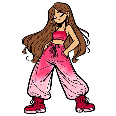 girl in baggy pants crop top and long hair