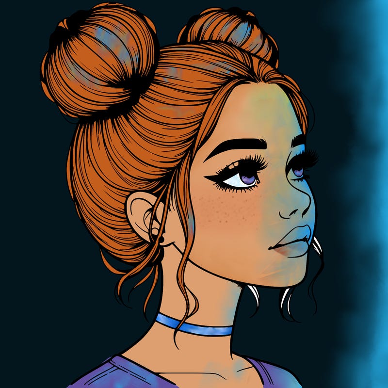 realistic girl with buns on the top of her head