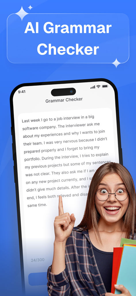 AI Grammar Check: Corrector - AI文法チェッカーのモバイルアプリのインターフェースを指差す幸せそうな学生