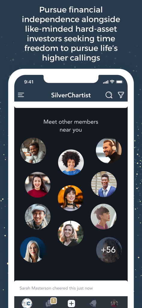 SilverChartist - A mobile app screen for SilverChartist showing profile pictures of various members in a financial community.