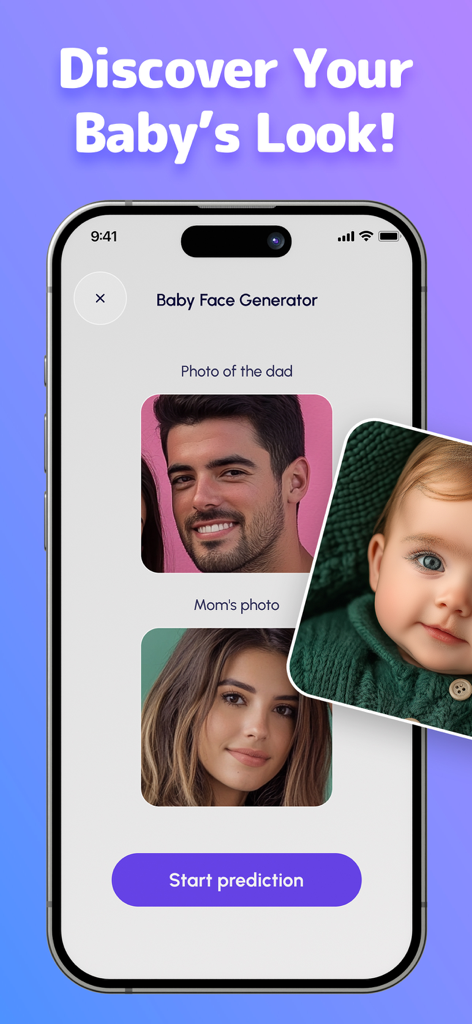 Interface of the Future Baby Face Generator app showing how to upload parent photos to predict a baby's appearance