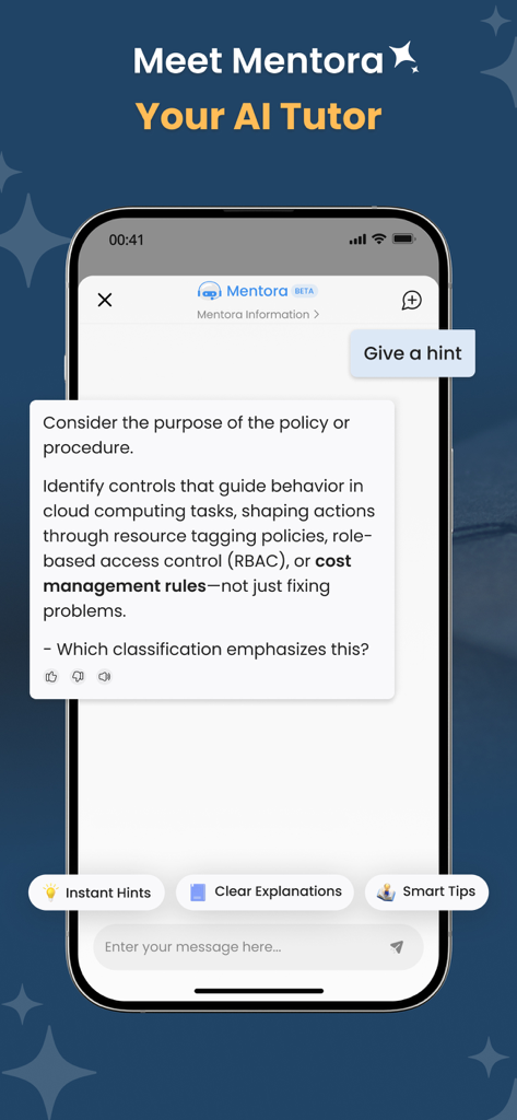Interface of the Mentora AI tutor within the AZ-900 practice test app providing instant hints and cloud certification study help