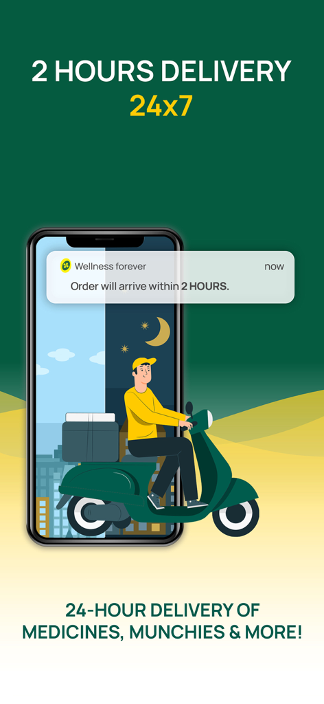 Captura de tela do aplicativo Wellness Forever destacando a entrega em 2 horas para medicamentos e lanches disponíveis 24 horas por dia, 7 dias por semana
