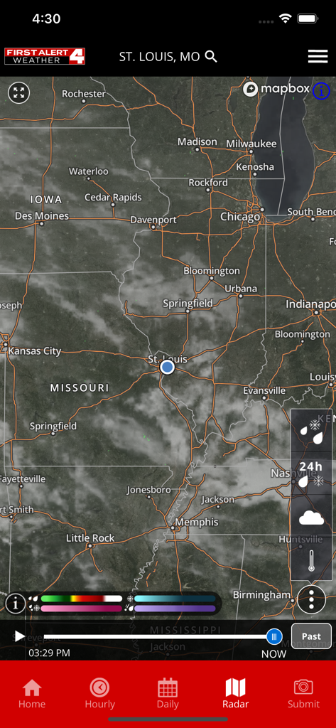 First Alert 4 Weather - First Alert 4 Weather app radar map showing St. Louis and the surrounding region