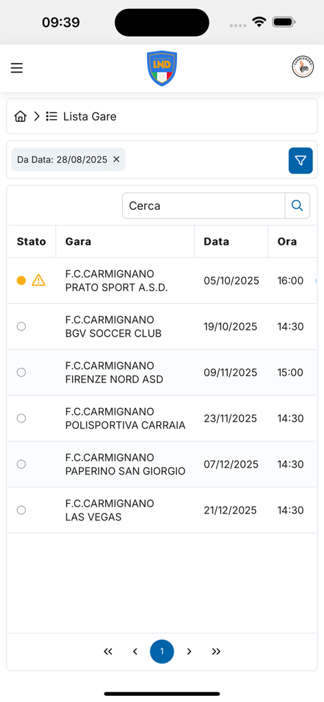 LND Portale Servizi - LND Portale Servizi app screen showing a list of scheduled football matches