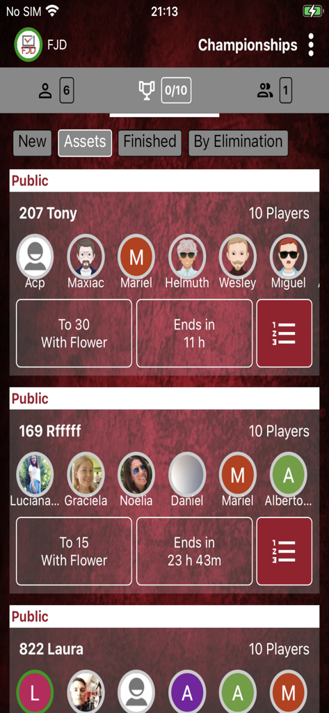 Truco FJD - Tela de campeonatos no aplicativo móvel Truco FJD listando torneios públicos e jogadores ativos