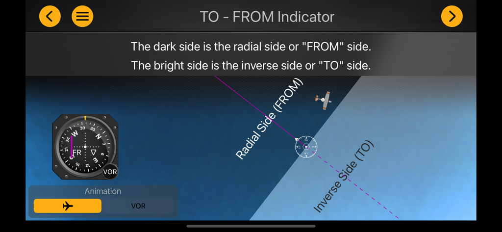 VOR + ILS Trainer – IFR Pilot - Aviation training screen explaining TO-FROM indicator logic in VOR navigation.