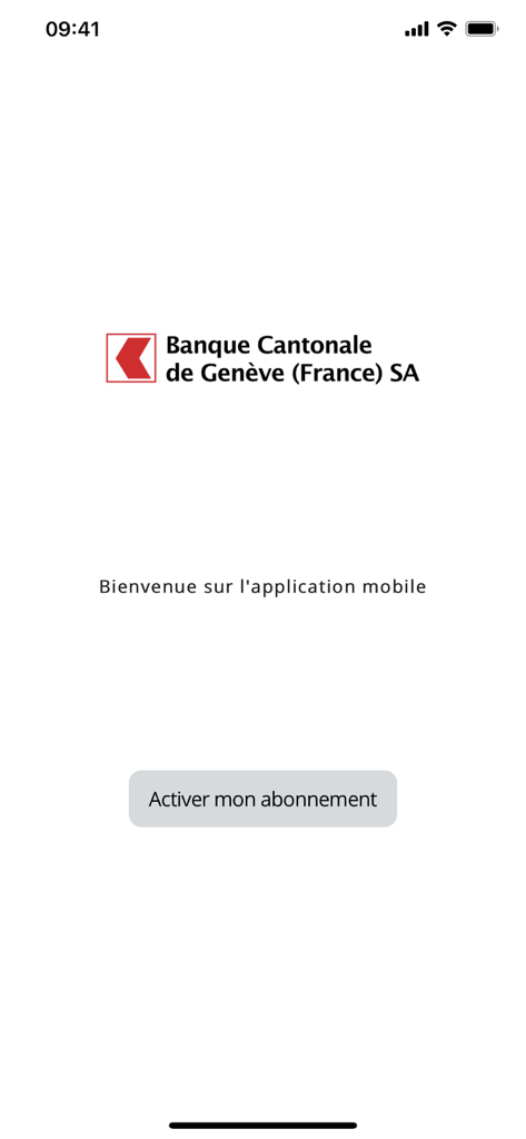 Écran d'accueil de l'application BCGEF Banque Mobile montrant le logo de Banque Cantonale de Genève France et un bouton pour activer l'abonnement