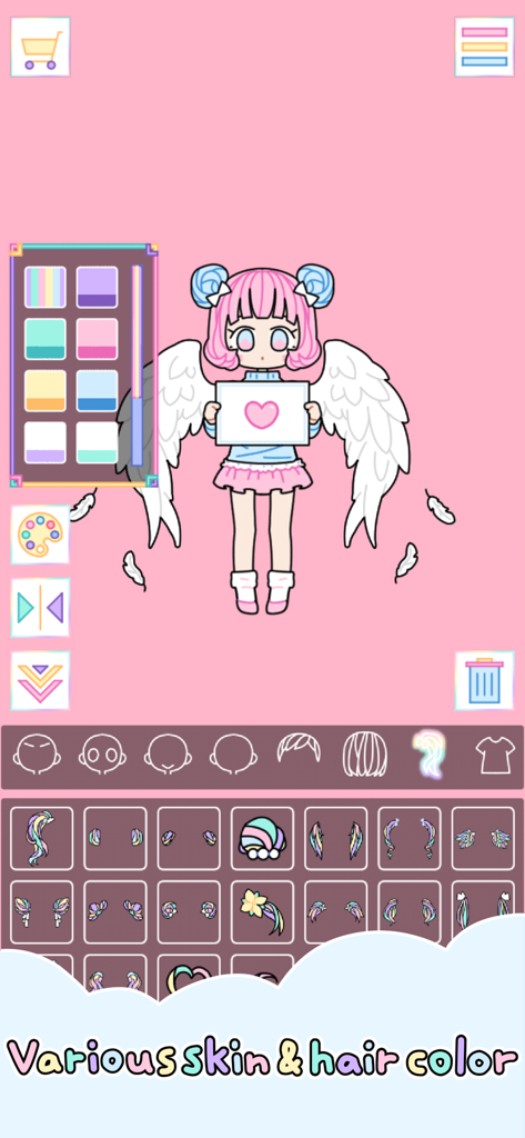 Pastel Girl - Character customization screen in Pastel Girl showing skin and hair color palettes for a cute avatar with wings.