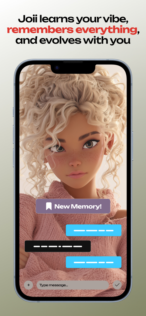 Un personaje animado en 3D en la interfaz de la aplicación Joii con una notificación de Nueva Memoria y mensajes de chat.