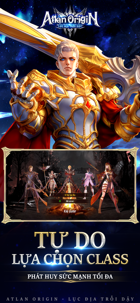 Atlan Origin: Lục Địa Trỗi Dậy - Atlan Origin MMORPG promo showing a hero in gold armor and character classes around a campfire