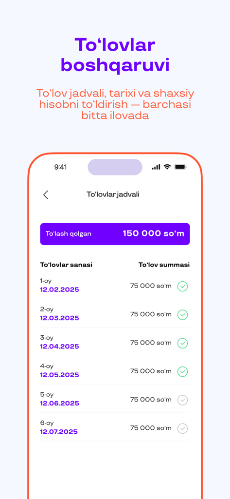 Uzum Nasiya mobile app interface displaying a monthly payment schedule and installment tracking