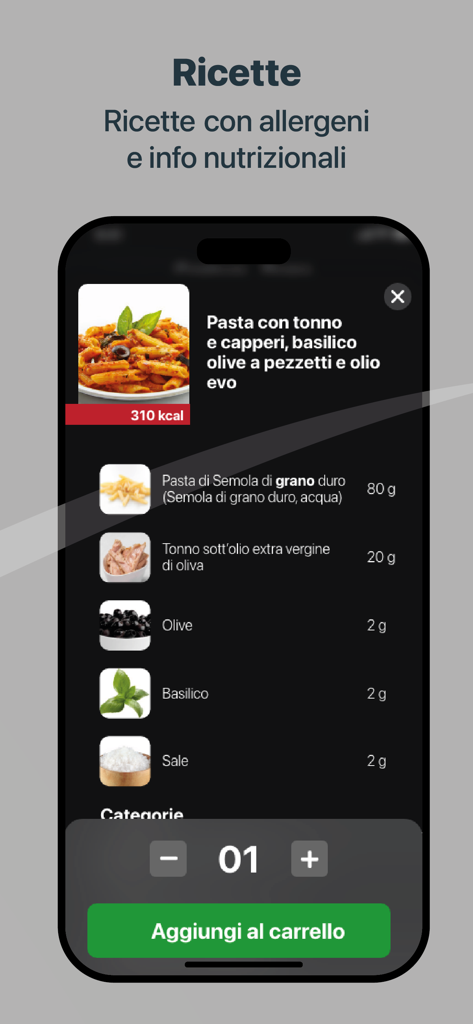 MyDSU - MyDSU app interface displaying recipe ingredients, calorie count, and add to cart button.
