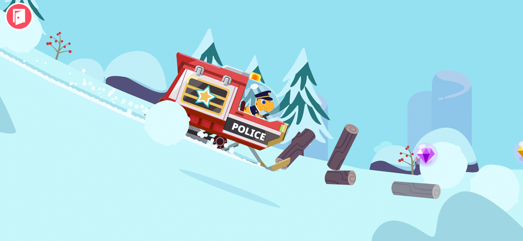 Dinosaur Police Car kids Games - 雪の冬の風景の中、氷の斜面を滑り降りる警察のスノーモービルを運転する漫画の恐竜