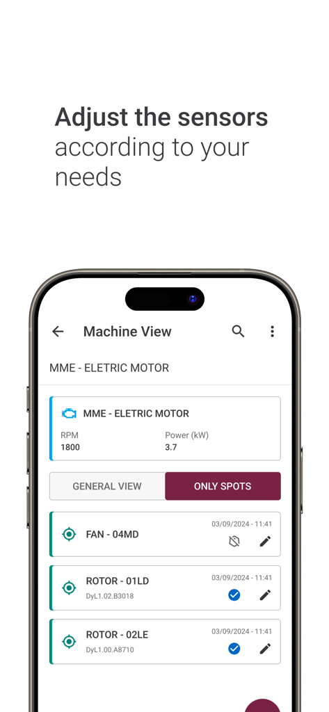 Dynamox App - Dynamox App mobile interface showing electric motor sensor monitoring and machine status