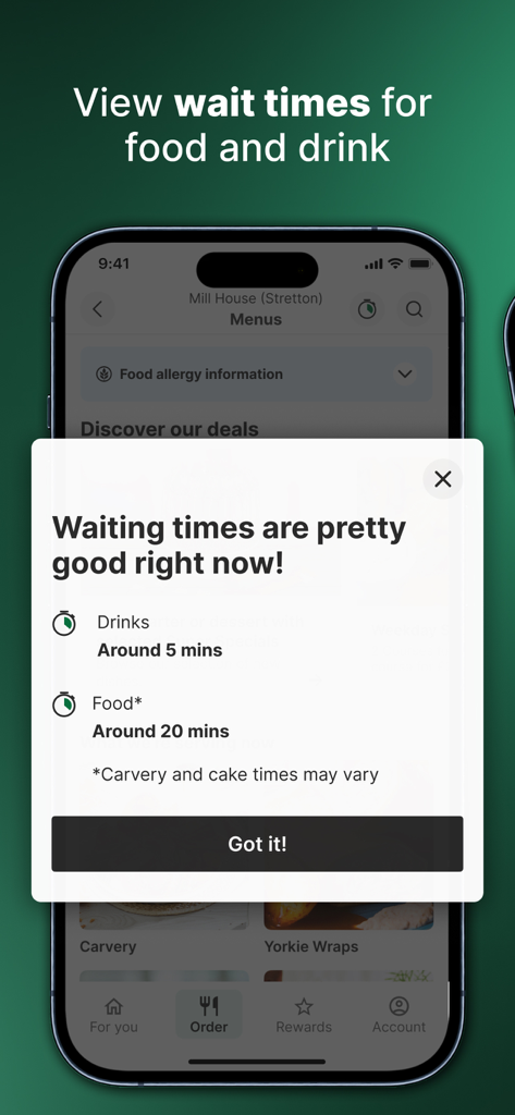 A smartphone screen from the Greene King app showing live waiting times for food and drinks.