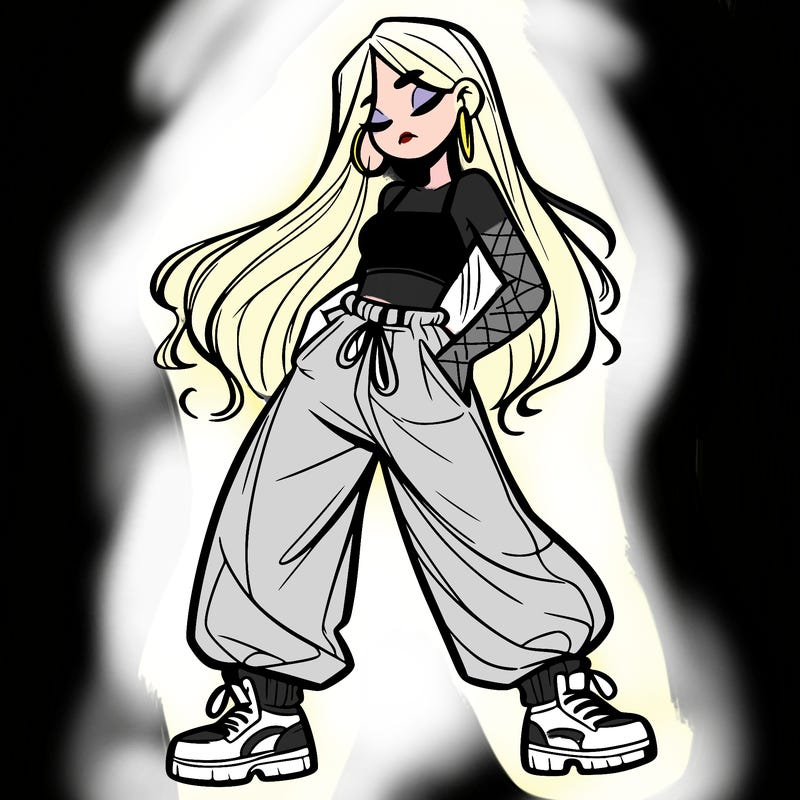girl in baggy pants crop top and long hair