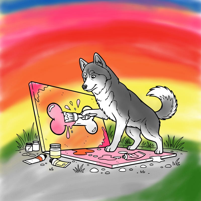 realistic siberian dog painting a picture of a bone with its paws