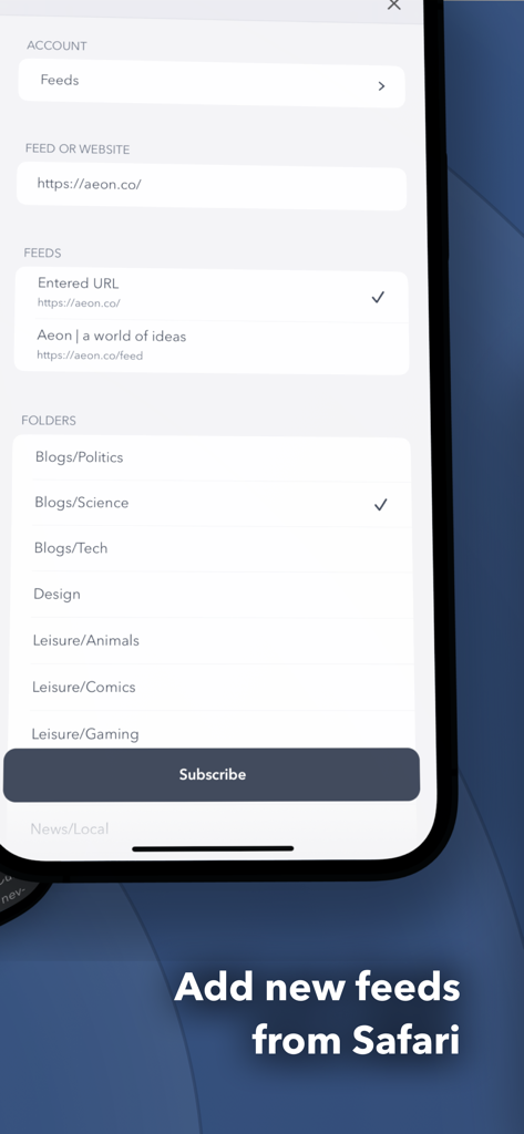 Fiery Feeds: News Reader - Interface for adding a new RSS feed and selecting a category folder in Fiery Feeds.