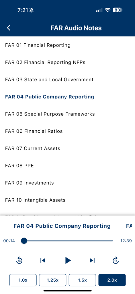 SuperfastCPA - SuperfastCPA app interface displaying a list of FAR audio notes and an active audio player with speed adjustment options