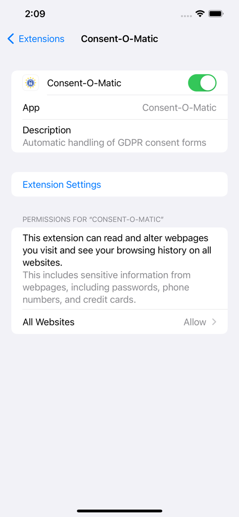 iOS extension settings for Consent-O-Matic showing website permissions and the toggle to enable automatic handling of GDPR consent forms