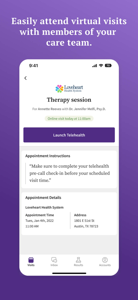 athenaPatient - athenaPatient app screenshot showing a therapy session appointment screen with a button to launch a telehealth virtual visit