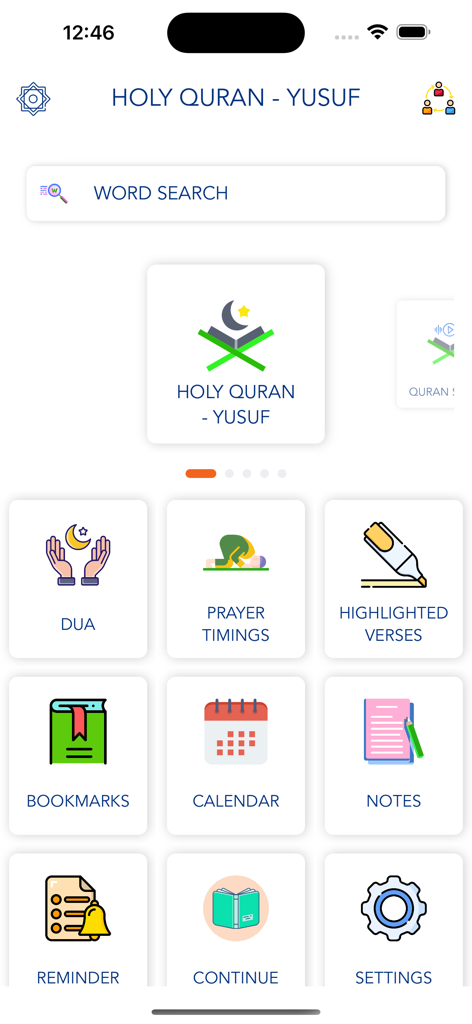 The main dashboard of the Holy Quran Yusuf mobile app showing icons for Dua prayer timings bookmarks and notes