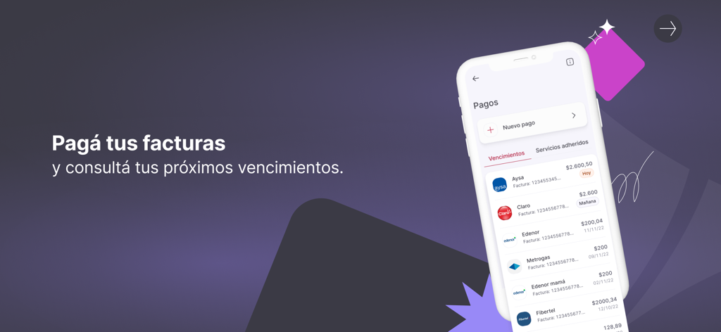 Supervielle - Smartphone screen showing the Supervielle app bill payment interface with upcoming due dates for utility services