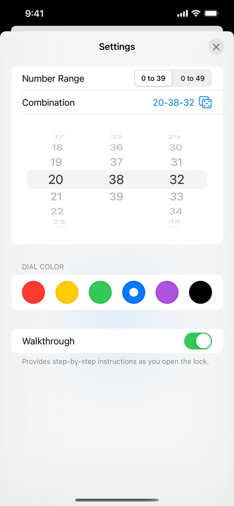 Practice Lock - Settings screen of the Practice Lock app showing options for combination range selection, dial color customization, and walkthrough mode toggle.