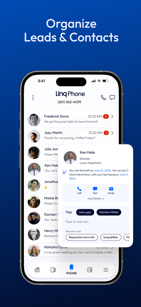 Linq—Meet, Manage, Close - Una interfaz de aplicación móvil que muestra una lista de contactos comerciales y una tarjeta de detalle de cliente potencial con historial de interacciones y etiquetas personalizadas.
