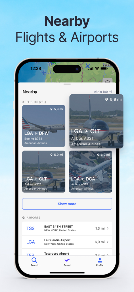 Mobile app interface displaying nearby flights and airports with distances and aircraft photos