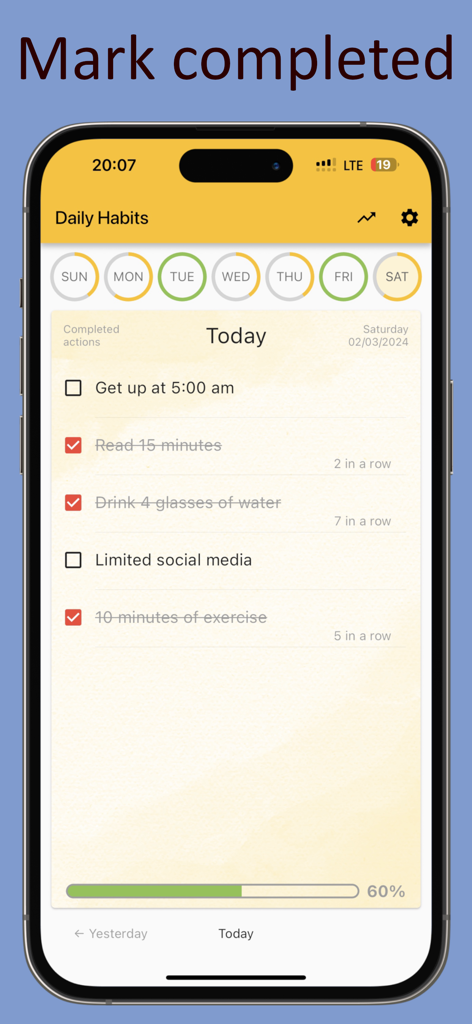 Track daily activity or habits - Pantalla de smartphone que muestra una lista de verificación de hábitos diarios con actividades completadas como leer y hacer ejercicio marcadas como hechas.