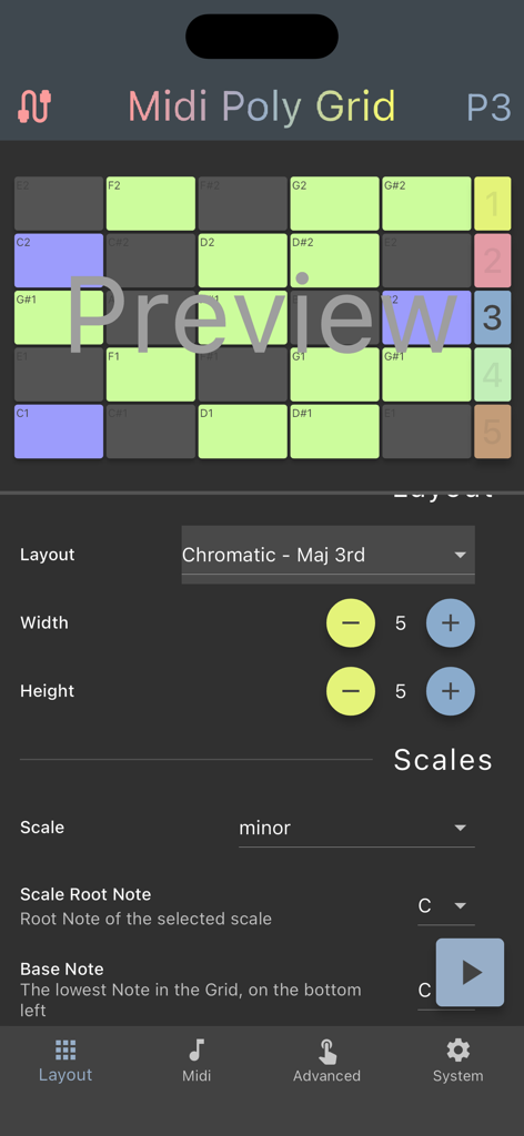 Midi Poly Grid - Midi Poly Grid app interface showing customizable pad grid and musical scale settings