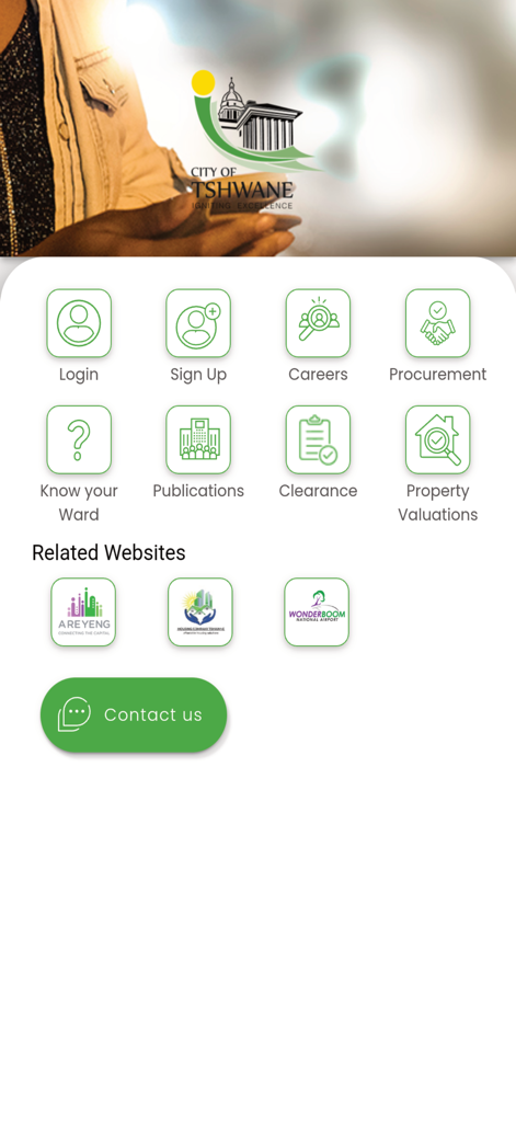 City of Tshwane - Dashboard of the City of Tshwane mobile app showing municipal service icons and property management options