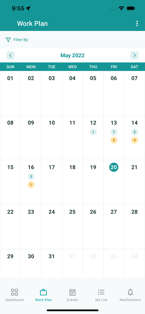 Tela de calendário de plano de trabalho do aplicativo Mrep para agendamento de representantes de vendas médicas