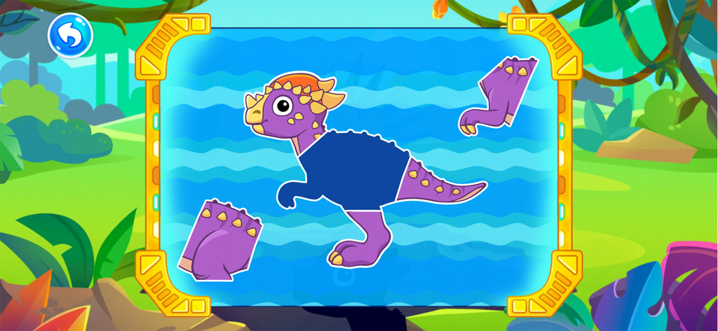 Interactive purple dinosaur puzzle game for preschool children in a jungle setting