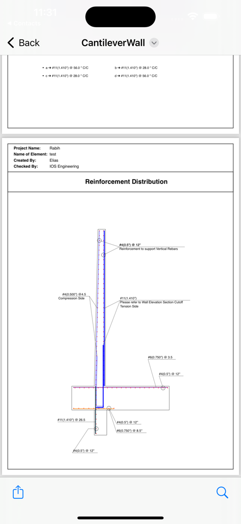 Informe técnico que muestra un diagrama detallado de distribución de refuerzo para el diseño de un muro de contención en voladizo.