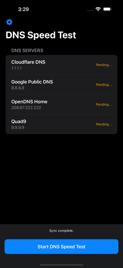 dnSpeedtest - A mobile app screen showing a list of DNS servers including Cloudflare and Google with a button to start a speed test