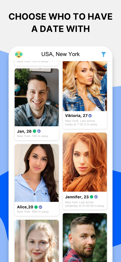 Love Mail Ru dating app interface showing user profiles in New York