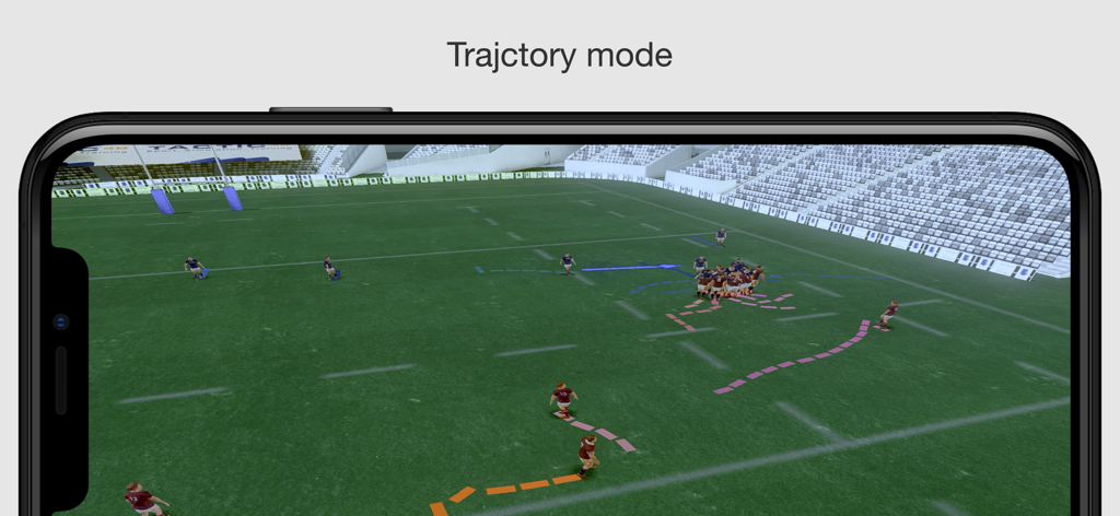 Una simulación 3D de un campo de rugby que muestra las rutas de movimiento de los jugadores en modo trayectoria