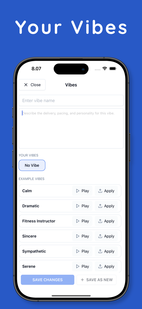 Speechma - AI TTS Speech Maker - Interface of Speechma app showing customizable AI voice vibes such as Calm Dramatic and Sincere for text to speech narration