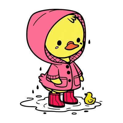 baby duck in a rain coat and boots, in a puddle while it’s raining