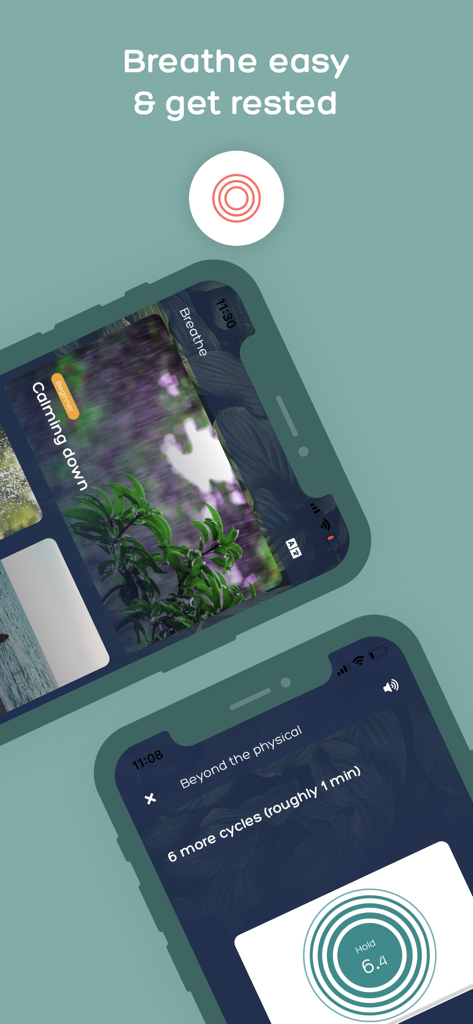 AUMHUM Self-Care & Sleep - AUMHUM app interface showing guided breathing cycles and calming meditation sessions