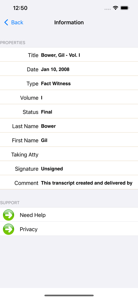 Case Notebook E-Transcript - Pantalla de información que muestra las propiedades y metadatos del testimonio del testigo en la aplicación Case Notebook E-Transcript.